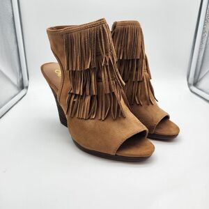Cato, Tan Faux Suede Fringed Ankle Booties Peep Toe Size 10